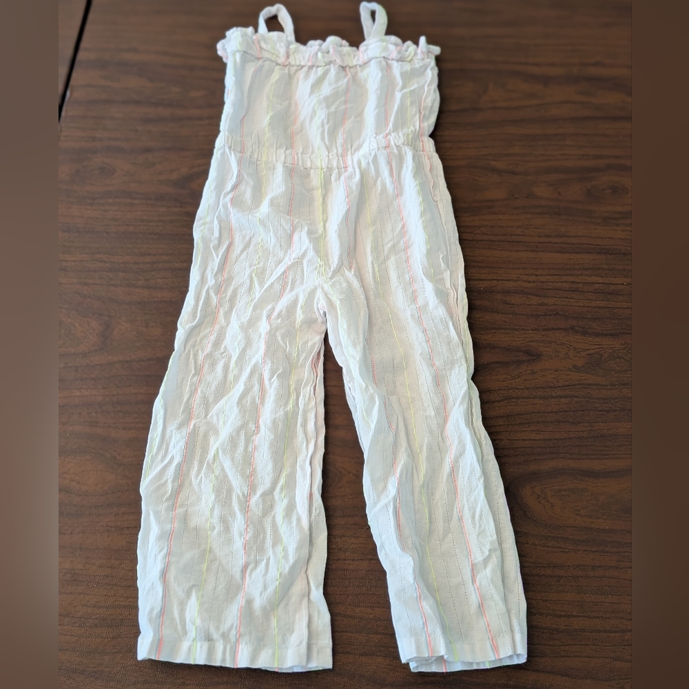 Janie and Jack Jumpsuit Size 5 Little Girls Light Stripe Romper White Neon Detai